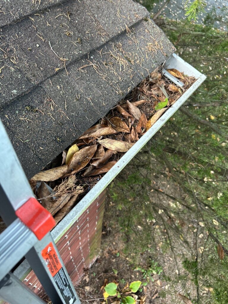 Leaf-clogged gutter photographed from the ladder during gutter cleaning by Browning Craftsman Services